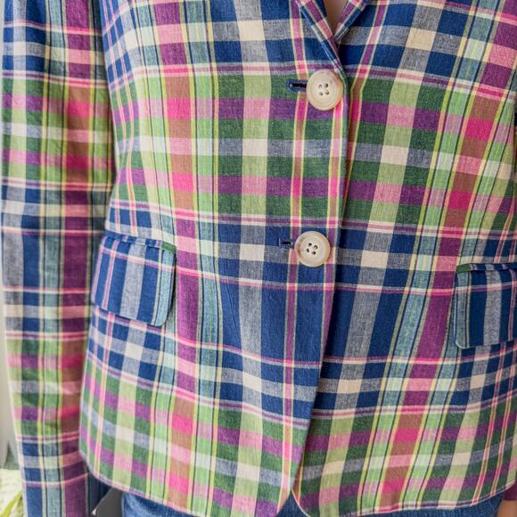 Ralph Lauren Plaid Jacket, Blue Label 100% Cotton w Shoulder Pads, Womens Size 2 - Picture 3 of 10